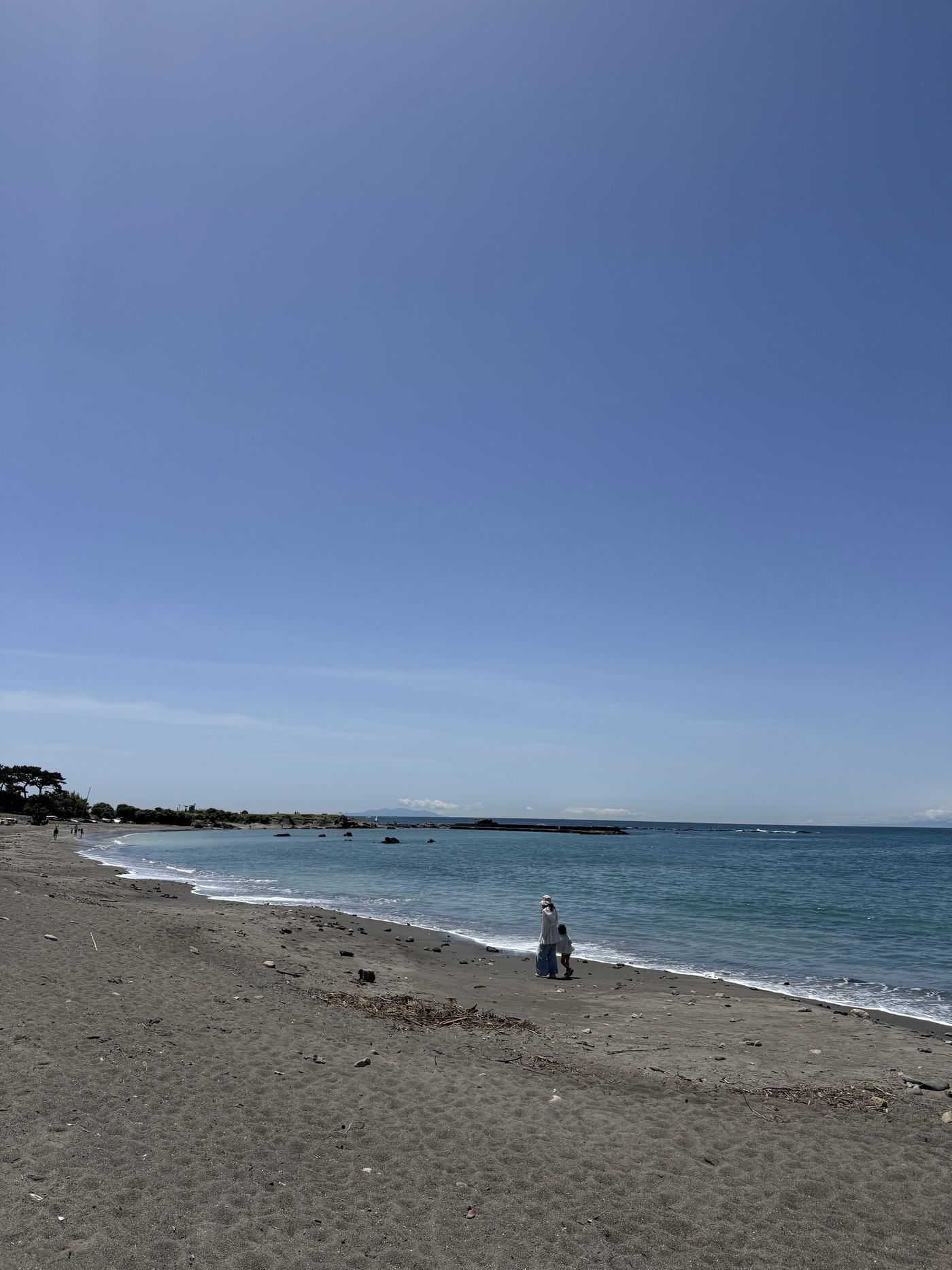 砂浜と海。遠くに岬が見える